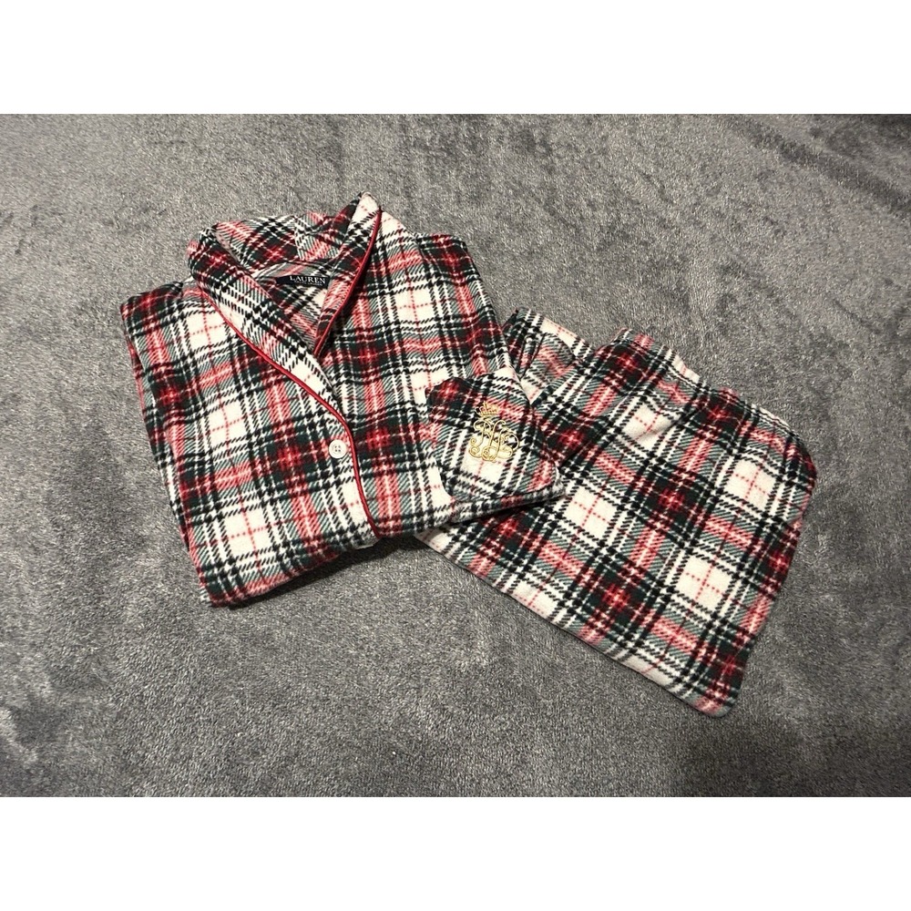 Lauren Ralph Lauren Cream Plaid Crown Red Green Collar Pajama Set Womens L